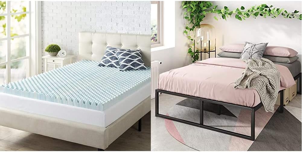 Zinus 3 Inch Swirl Gel Memory Foam Convoluted Mattress Topper, Full & Lorelai 14 Inch Metal Platform Bed Frame / Steel Slat Support / No Box Spring Needed / Underbed Storage Space, Full