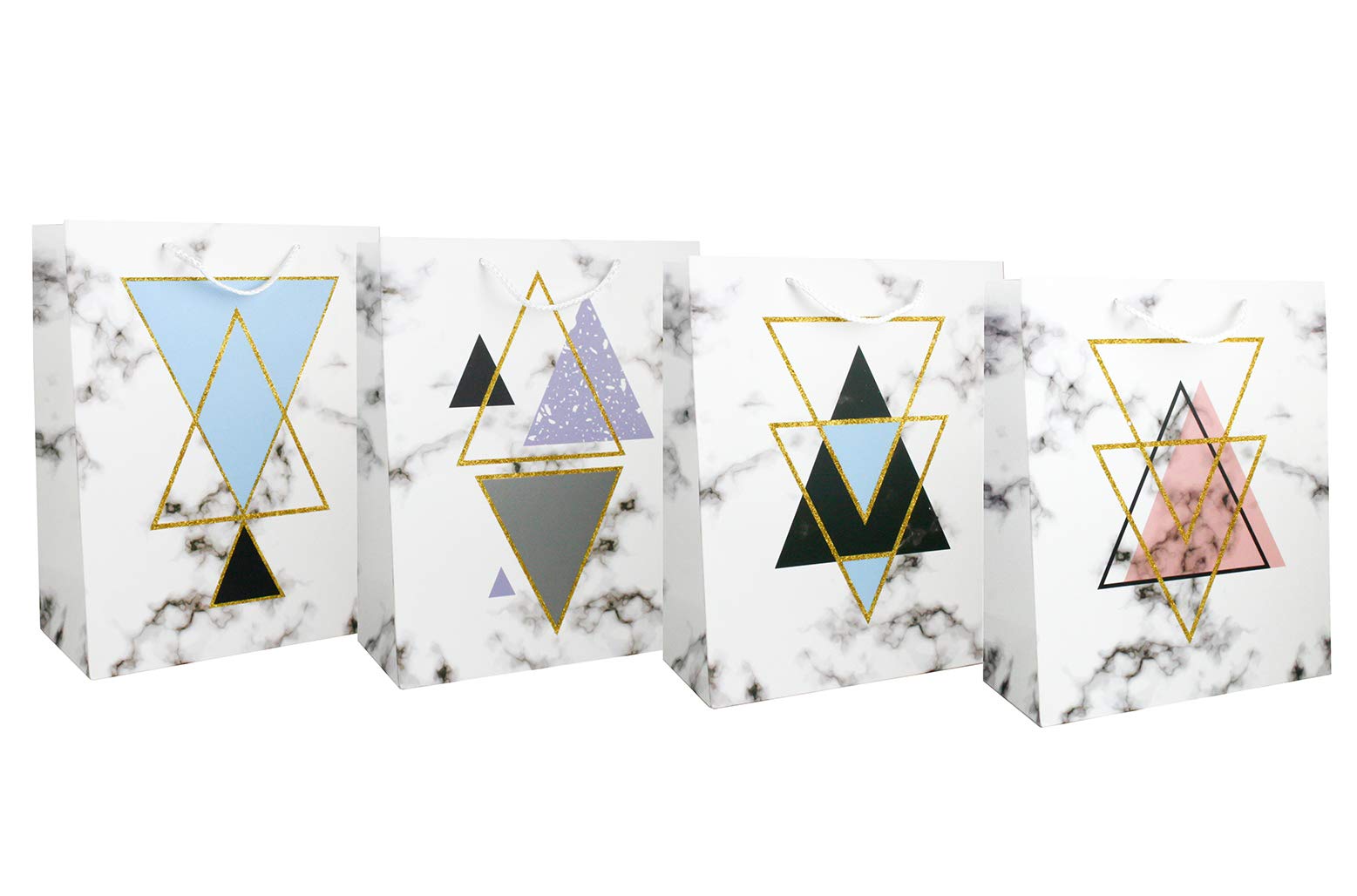 Emartbuy Set of 4 Luxury Gift Bag Strong Laminated Paper Mixed Colours 31 x 42 x 12 cm - Marble Effect Triangles