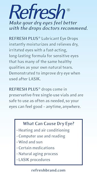 REFRESH PLUS LUBRICANT EYE DROPS FOR DRY EYES, PRESERVATIVE-FREE, 0.01 FL OZ SINGLE-USE CONTAINERS, 50 COUNT