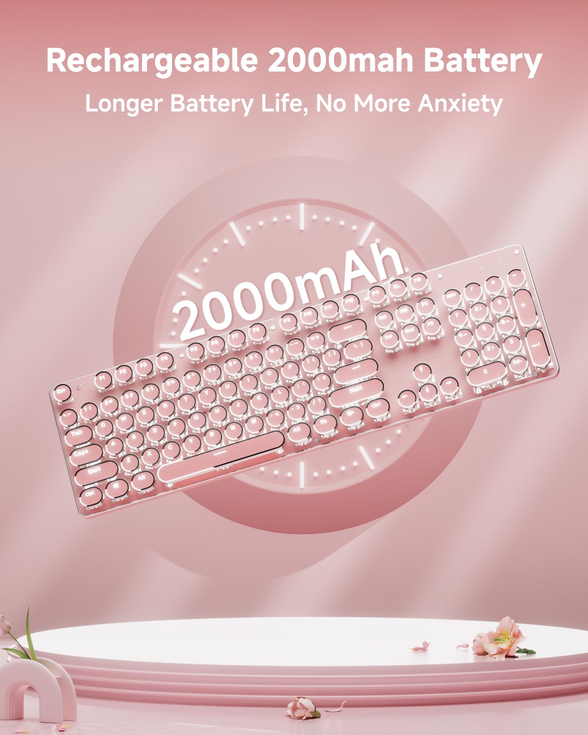 EWEADN TK950 Typewriter Keyboard Wireless Mechanical Keyboard, 104 Keys Aesthetic Typewriter Keyboards with White Backlit, Anti-Ghosting, Blue Switch Bluetooth/2.4GHz/Wired Keyboards-Pink
