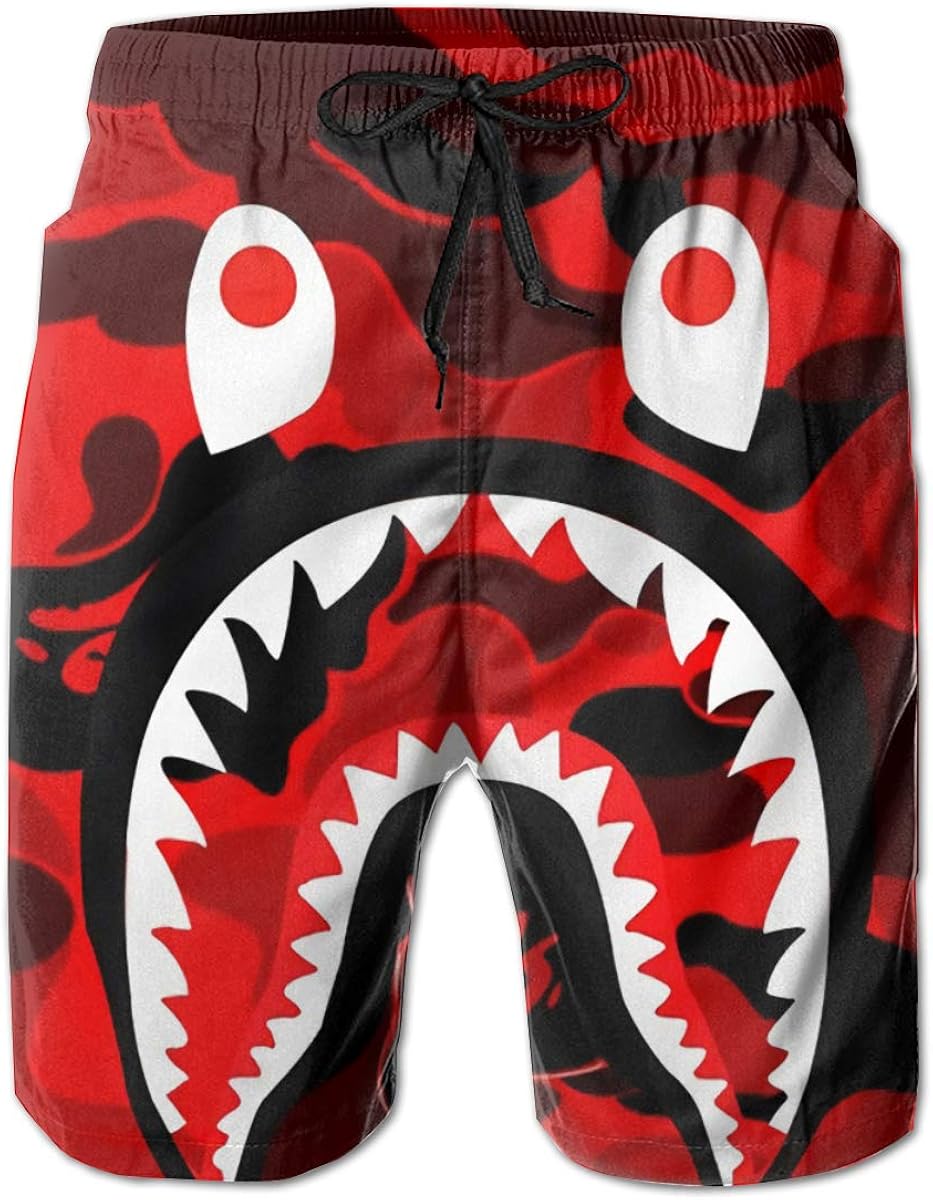 Ehungee Bape Camo Shark Face Men's Beach Quick Dry Swim Trunks Board Shorts Red