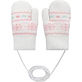 Clobeau Toddler Mittens Fleece Lined Full Finger Ski Snow Mittens Winter Warm Knitted Gloves with String for 0-3Y Boys Girls