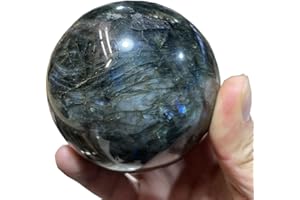 AIERCRYSTAL Natural Crystal Ball Orange Moonstone Polished Divination Ball Decorative Sphere with Wood Stand Healing Crystals Ball Healing Stone (40-50mm, Labradorite)