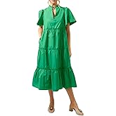 YEXPINE Women's V Neck Tiered Midi Dress Casual Short Sleeve Ruffle Flowy Summer Beach Vacation Long Dress