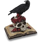 Zeckos Mystical Raven on a Rose-Covered Skull Hand Painted Resin Statue -,Perched Upon 'The Raven' Poetry Book - an Artistic Fusion of Macabre and Literary Allure
