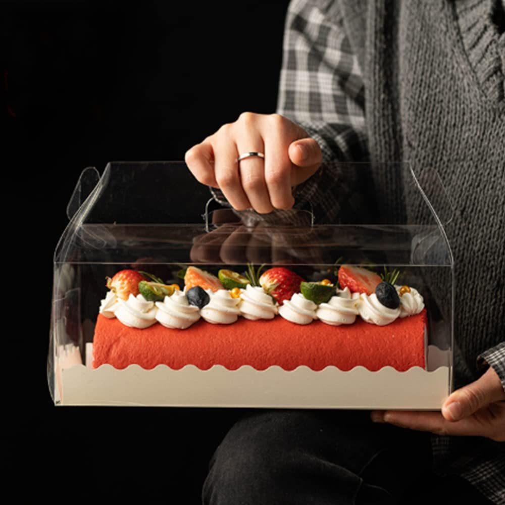 DZOZO 10Pcs Roll Cake Boxes Clear Swiss Cake Carrier Container Cupcake Packing Box Hot Dog Muffin Sanwich Plastic Container with Handle Transparent Bakery Storage Holder Dessert Holder