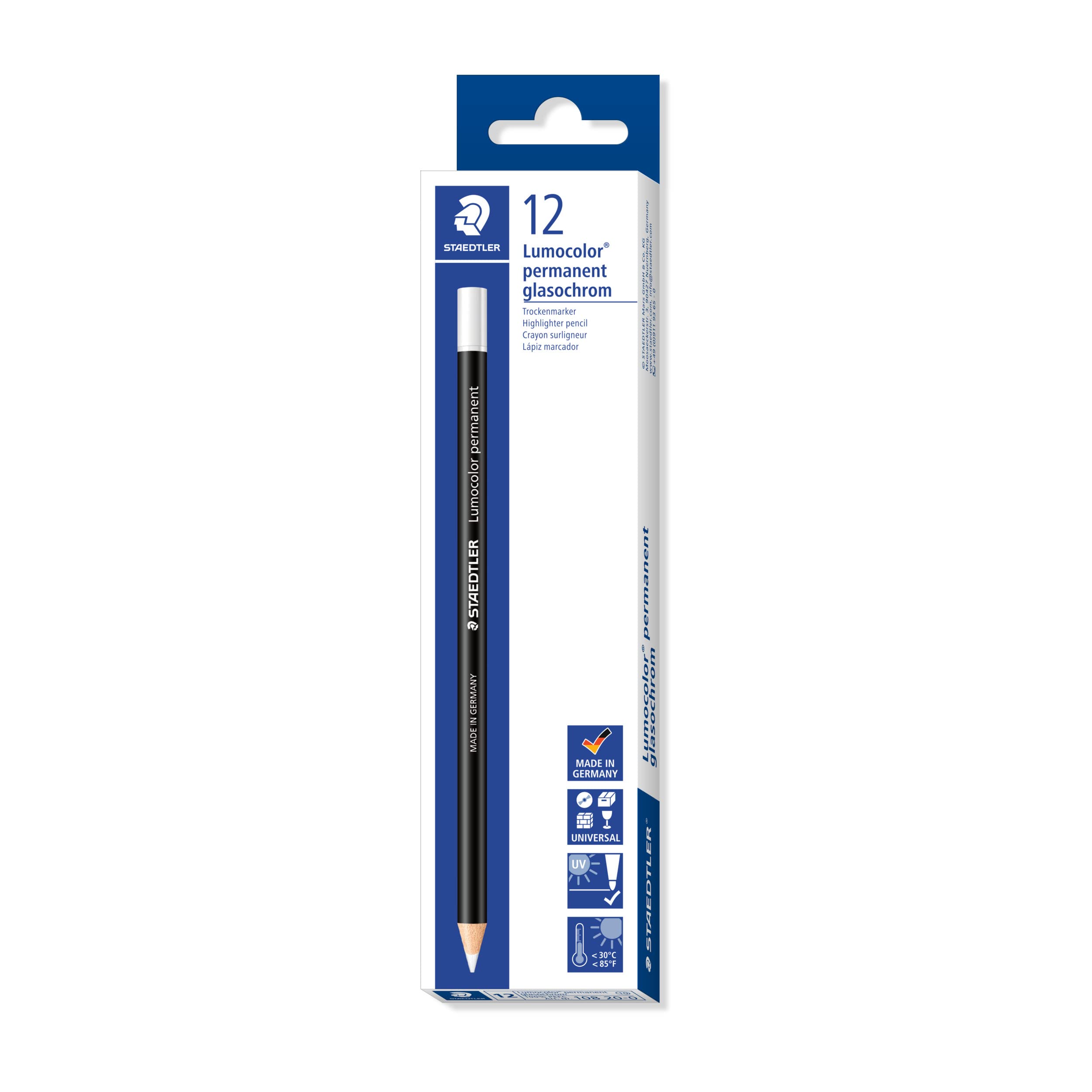 Staedtler 108 20-0 Lumocolor Glasochrom Permanent Dry-Marker Pencil - White (Box of 12) — image 1