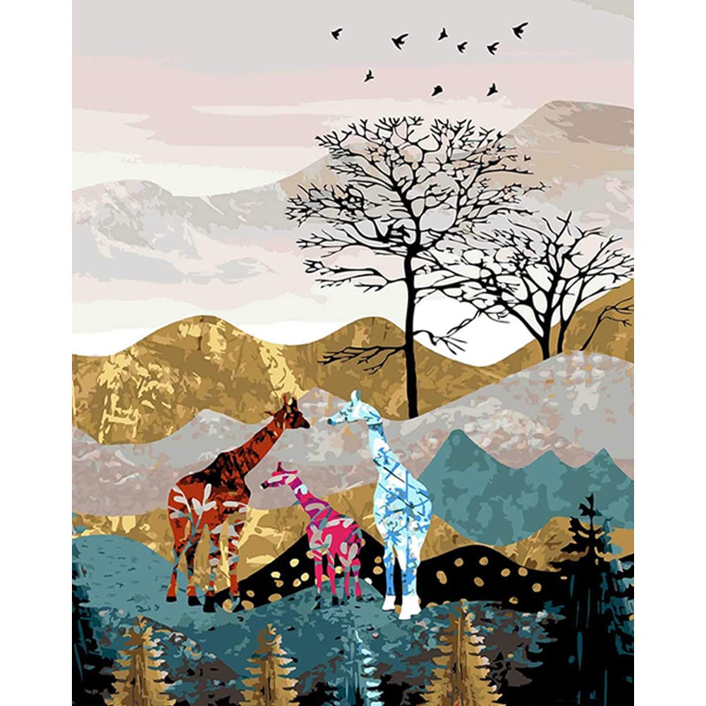 Amiiba DIY Paint by Numbers Kits, Animals Giraffe, Giraffe Family, Tree of Life, Mountains Nature Scenes 16x20 inch Acrylic Painting by Number Wall Art Crafts (Giraffe, Without Frame)