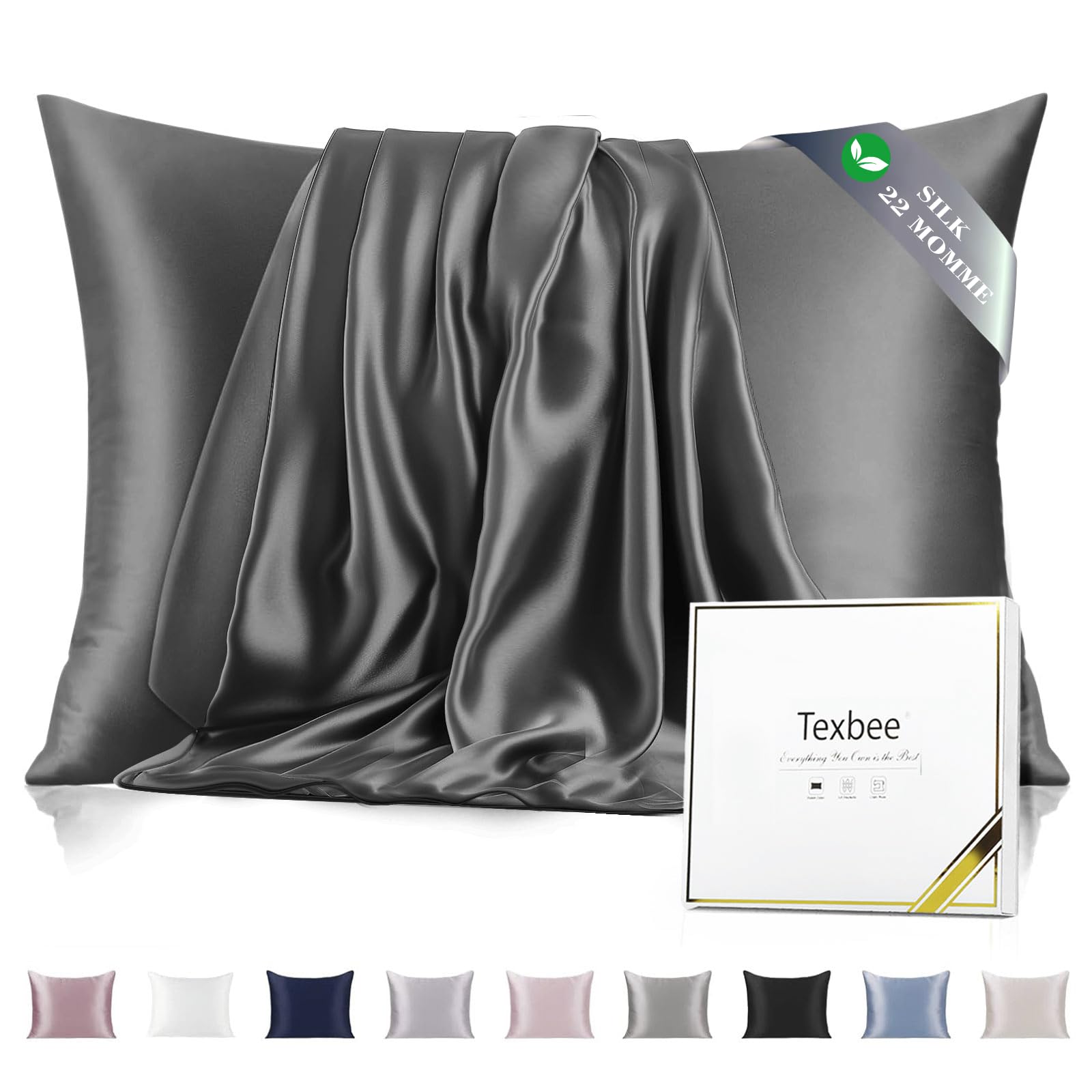 Texbee Silk Pillowcase, 22 Momme Mulberry Silk Pillowcases for Hair and Skin Health, Soft Smooth Breathable Cool Pure Pillow Case for Beauty Sleep, with Gift Box, 1pc (King 50x90 cm, Space Grey) — image 1