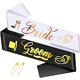2 Pcs Bride and Groom Sash with Gold Foil, Bachelorette Party Sashes, Bride and Groom to Be Sash for Bridal Shower Wedding Hen Party Decorations Engagement Gifts (White, Rose Gold & Black, Gold)