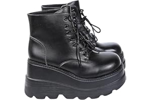 Platform Boots for Women Goth Lace Up Leather Ankle Booties Square Toe Wedge Heel Motorcycle Combat Boots