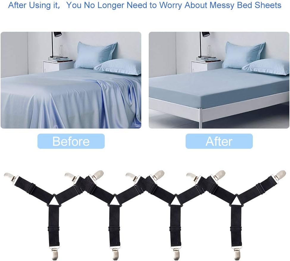 HZAZF 4PCS Bed Sheet Holder Straps, Upgraded Triangle Bed Sheet Fasteners, Elastic Adjustable Bed Sheet Straps with Heavy Duty Grippers Clips (Black): Home & Kitchen