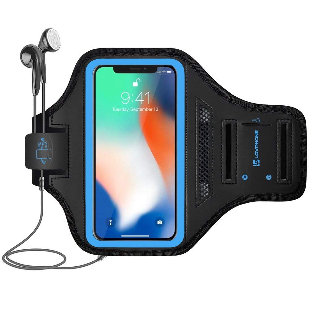 LOVPHONE Running Armband for iPhone X, Waterproof Sport Outdoor Gym Running Key Holder Card Slot Phone Case Bag Armband (Blue)