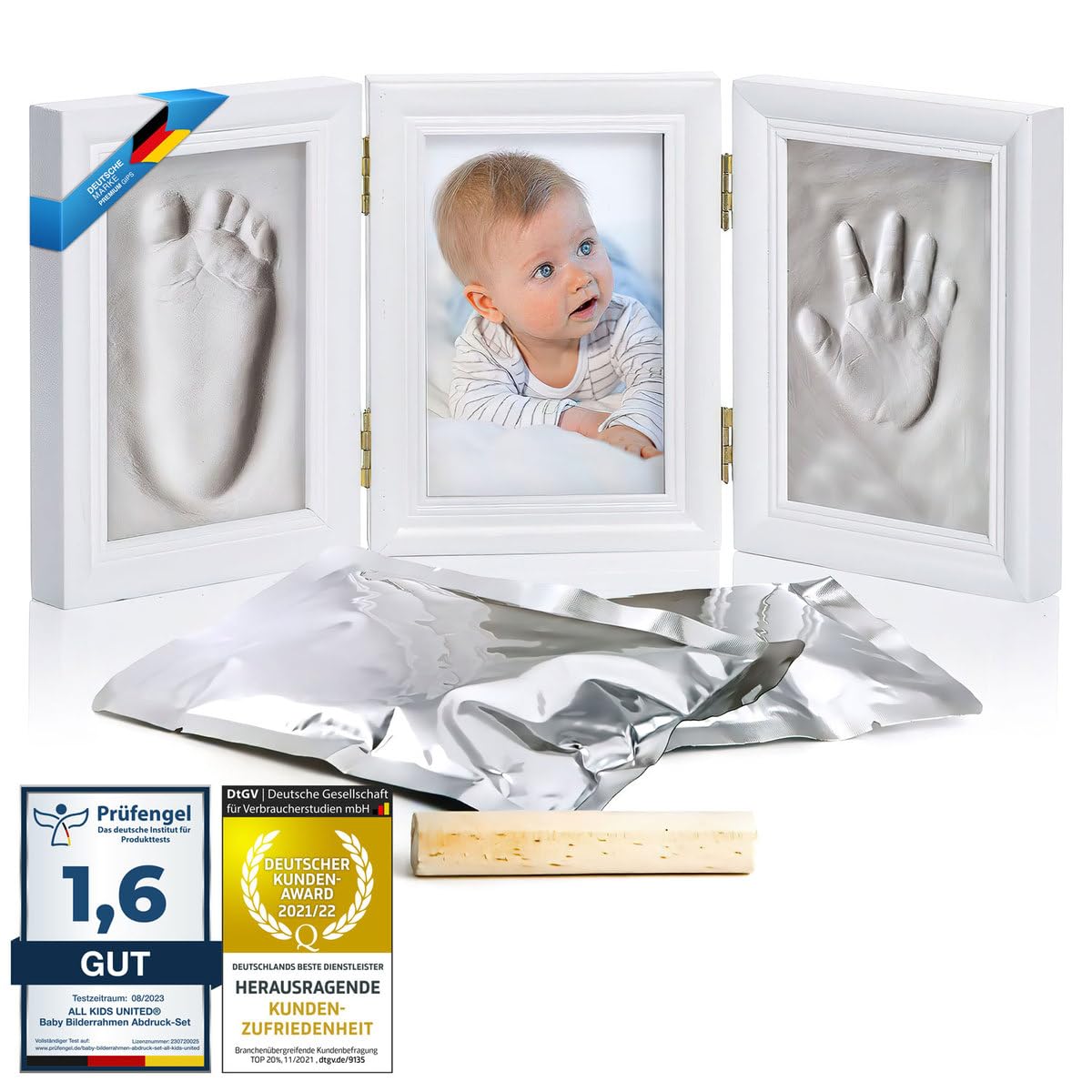 Baby Photo Frame Imprint/Ink Set - Photo frame for hand print, foot print & photos; gift set for birth, christening, baby part etc. 3-piece white (Plaster)