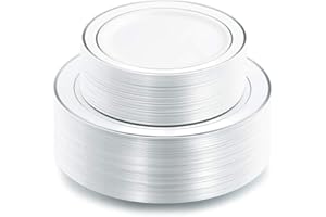 I00000 102pcs Silver Plastic Plates, Disposable Plastic Party Plates with White Silver Rim Heavy Duty Fancy Wedding Party Pla