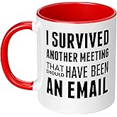 I Survived Another Meeting That Should Have been an Email Ceramic Coffee Mug Funny Coworker Gag Gift Office Humor New Job Present Christmas Gift Sarcasm Tea Cup 11 oz White Red
