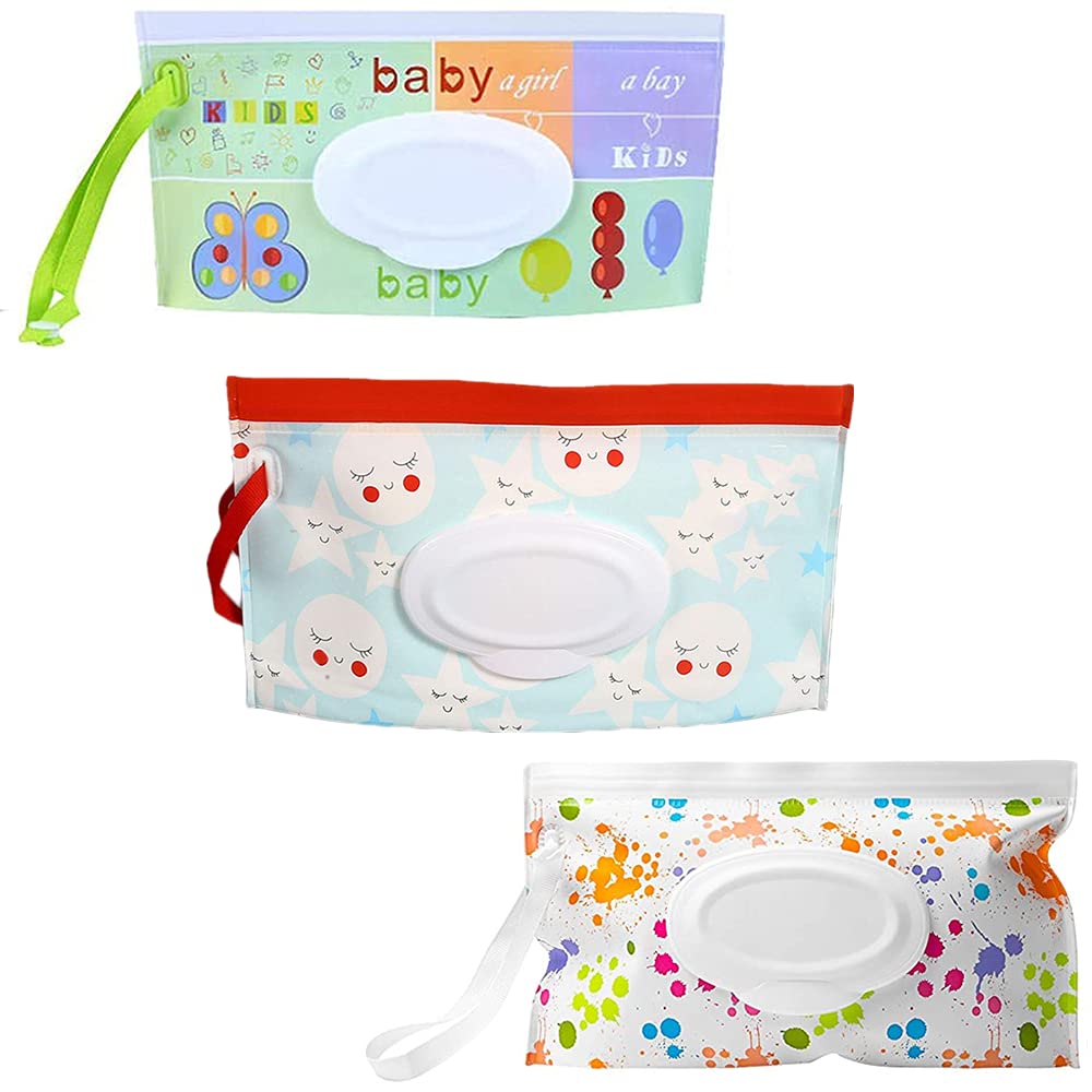 3 Pack Portable Wet Wipe Pouch Dispensers Reusable & Refillable Baby Wipes Dispenser Eco Friendly and Lightweight Travel Wet Wipe Pouch Baby Wipes Container, Keeps Wet Wipes Moist (Multicolor B)