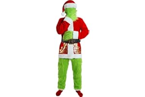 Frojuly Christmas Costume for Men Adult Green Big Monster 7PCS Deluxe Santa Suit Furry Xmas Cosplay Outfit Halloween Holiday