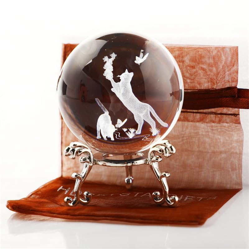 ZEERSHEE 3D Cat Crystal Ball Glass Laser Engraved Cats Paperweights Decorative Ball with Stand Crystal Cat Gifts for Cats Lovers
