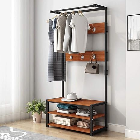Amazon Co Jp 玄関収納 棚が付いている耐久の木のコートの棚の立場のホールラックの廊下の靴の棚 Color Rustic Brown Size 60cm Diy 工具 ガーデン