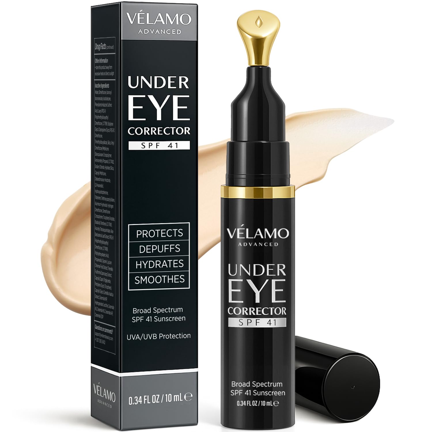 VELAMO ADVANCED Luminous Eye Corrector SPF 41: Under Eye Color Corrector for Dark Circles, Fine Lines & Puffiness - Hydrating Anti Aging Eye Cream with Ceramides Complex - Medium, 0.34 FL OZ/10mL