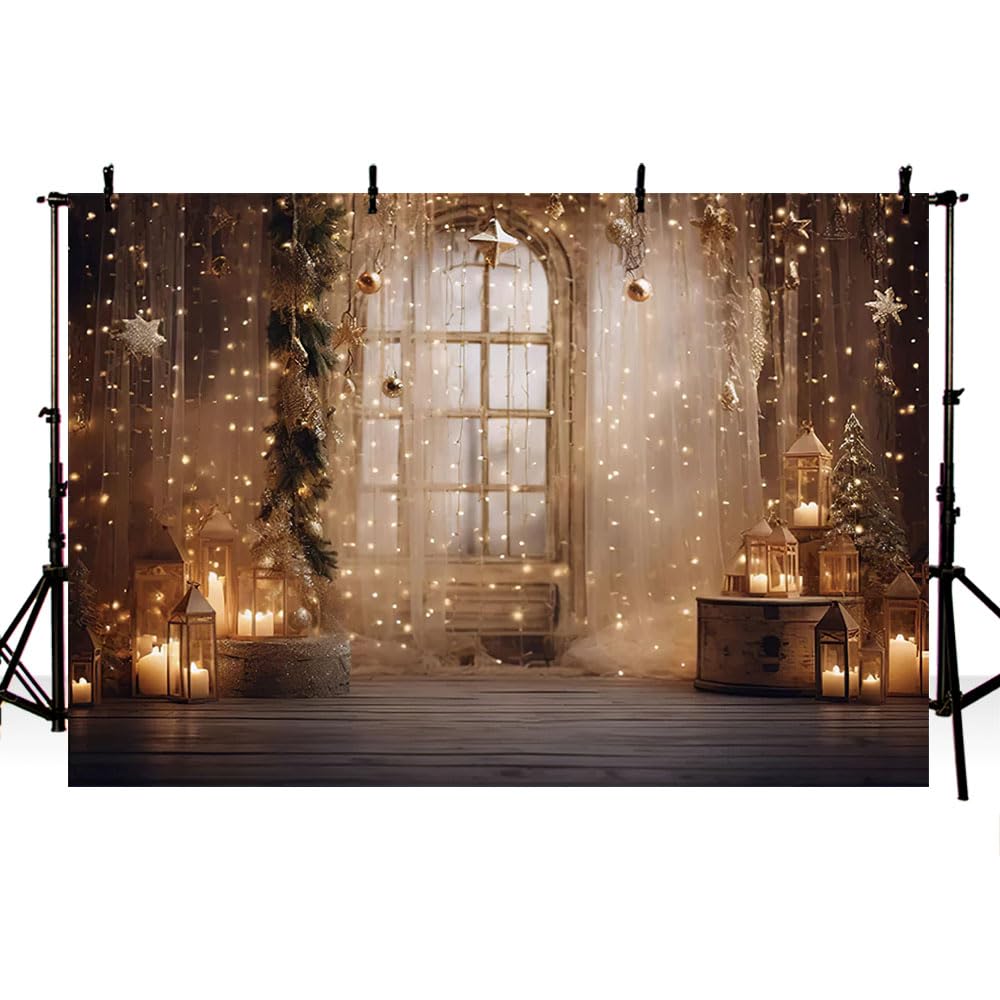 MEHOFOND 7x5ft Christmas Backdrop - Golden Flash, Ball, Candle, Tree, Wooden Floor Background for Photography, Family Party Decoration Banner Studio Supplies