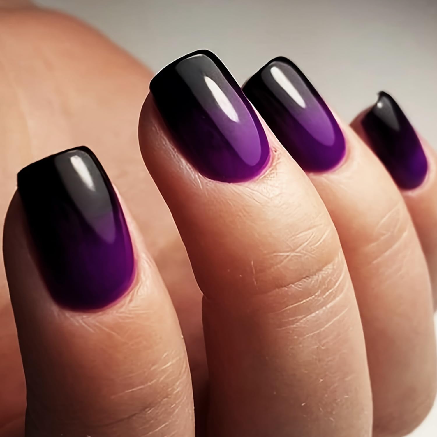 Dulyork 24Pcs Press On Nails Short Square Fake Nails Black Purple Nails Press Ons With Gradient Designs Acrylic Nails Full Cover False Nails Glossy Glue On Nails Short Stick On Nails For Women