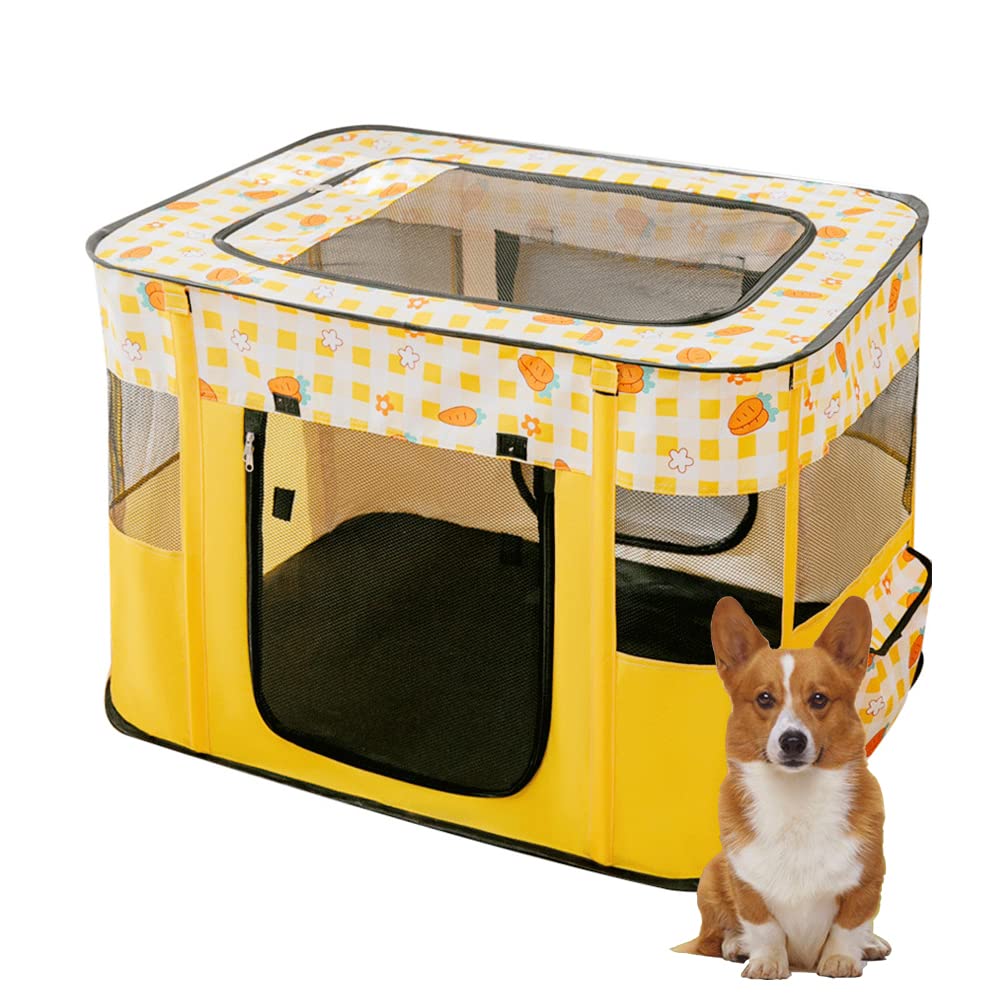 Foldable Pet Playpen Portable Kennel Cage for Puppy Dog Kitten Cat, Indoor/Outdoor Pop up Pet Tent Fence (L,Yellow)