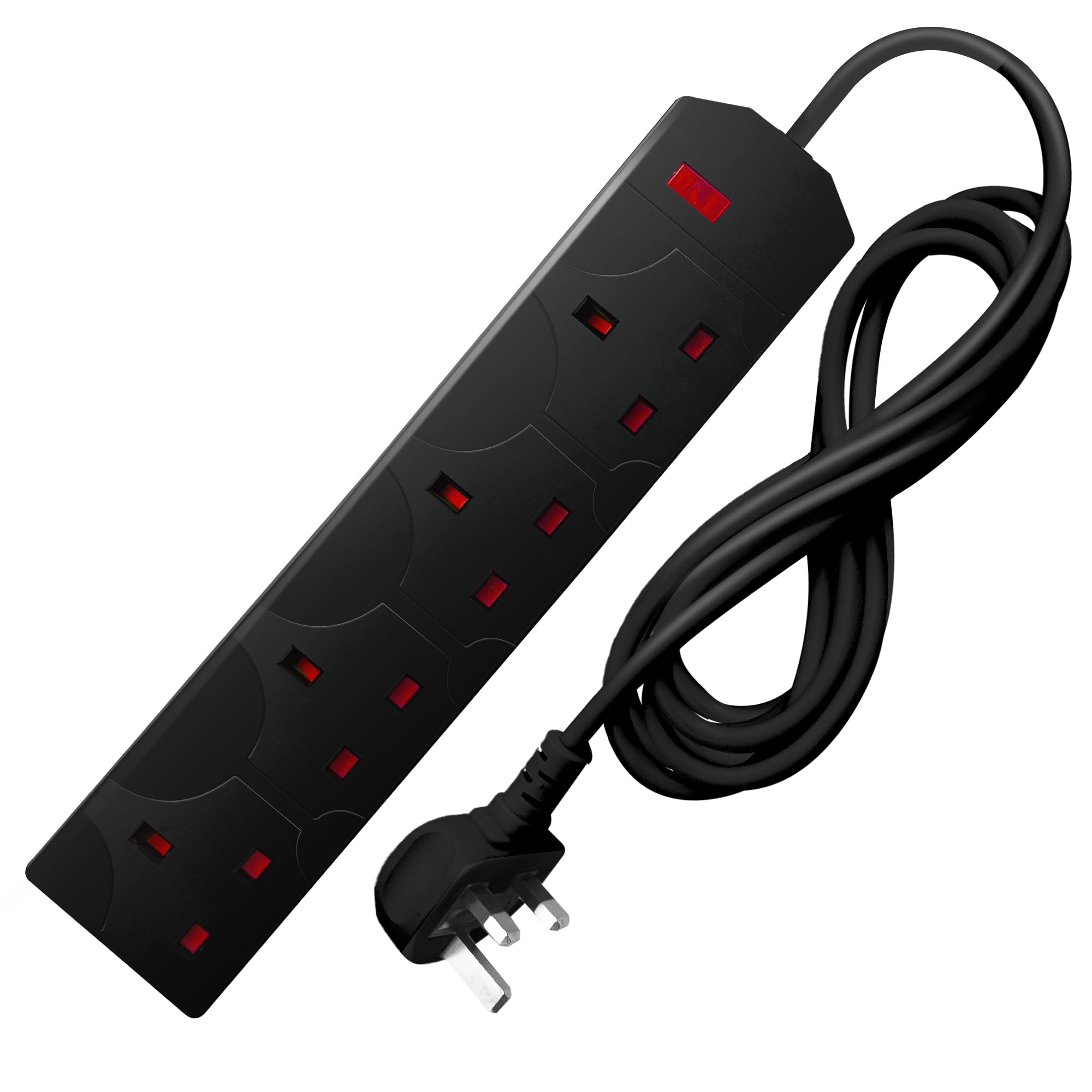DESIRETECH Black Electric Extension Lead - 4 Gang, 2 Metre Cable with UK Plug & 3 Pin Socket - Wall Mountable & Multi Socket Mains Strip for Home, Bedroom, Kitchen, & Office (1 Pack)