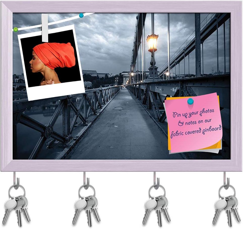 ArtzFolio Old Bridge At Night In Budapest, Hungary Key Holder Hooks | Notice Pin Board | White Frame 8.4 X 6Inch
