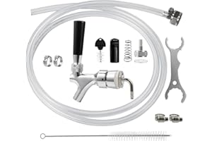 MRbrew Beer Line Shank Faucet Kit, Stainless Core Self-Closing Beer Tap with 3/16'' liquid hose & 1/4" Barb, Kegerator Tower Replacement Set for Draft Beer Dispenser - Include Tap Wrench & Hose Clamps