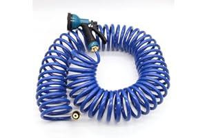 Besiter Coil Hose 50ft, EVA Recoil Garden Hose Brass Connector, Coiled Water Hose Lightweight and No Kink Includes 10 Patterns Spray Nozzle for Outdoors Lawn Watering, Car Washing Blue
