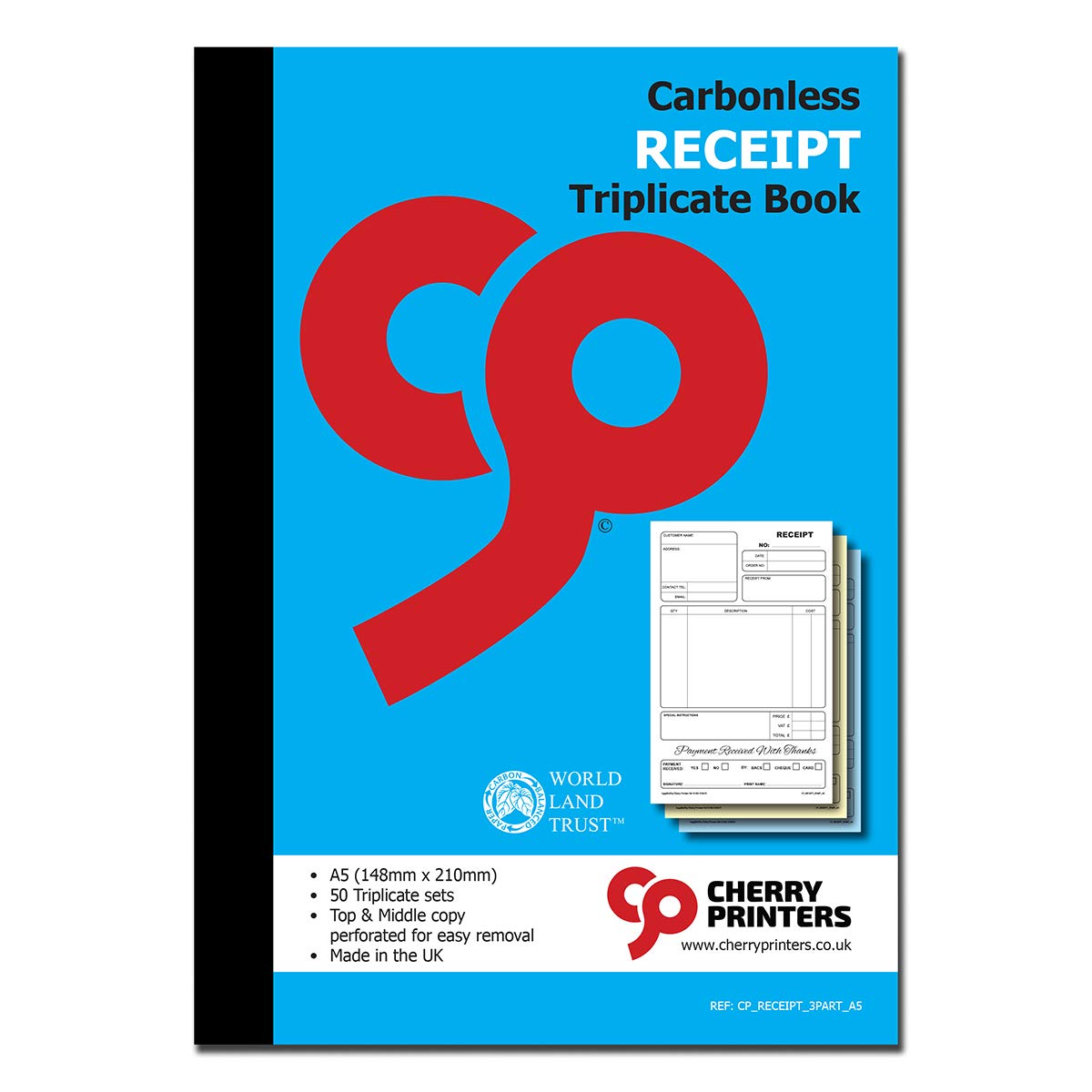 Cherry Carbonless Receipt Triplicate Book | A5 (148mm x 210mm) | 50 Perforated Sets | Made in the UK