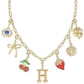 NEKOL Letter H Initial Charm Necklace for Women, Cherry Strawberry Evil Eye Sun Bow Four-Leaf Clover Personalized Pendant Necklace,Removable Charms Choker Trendy Jewelry Birthday Gifts for Her