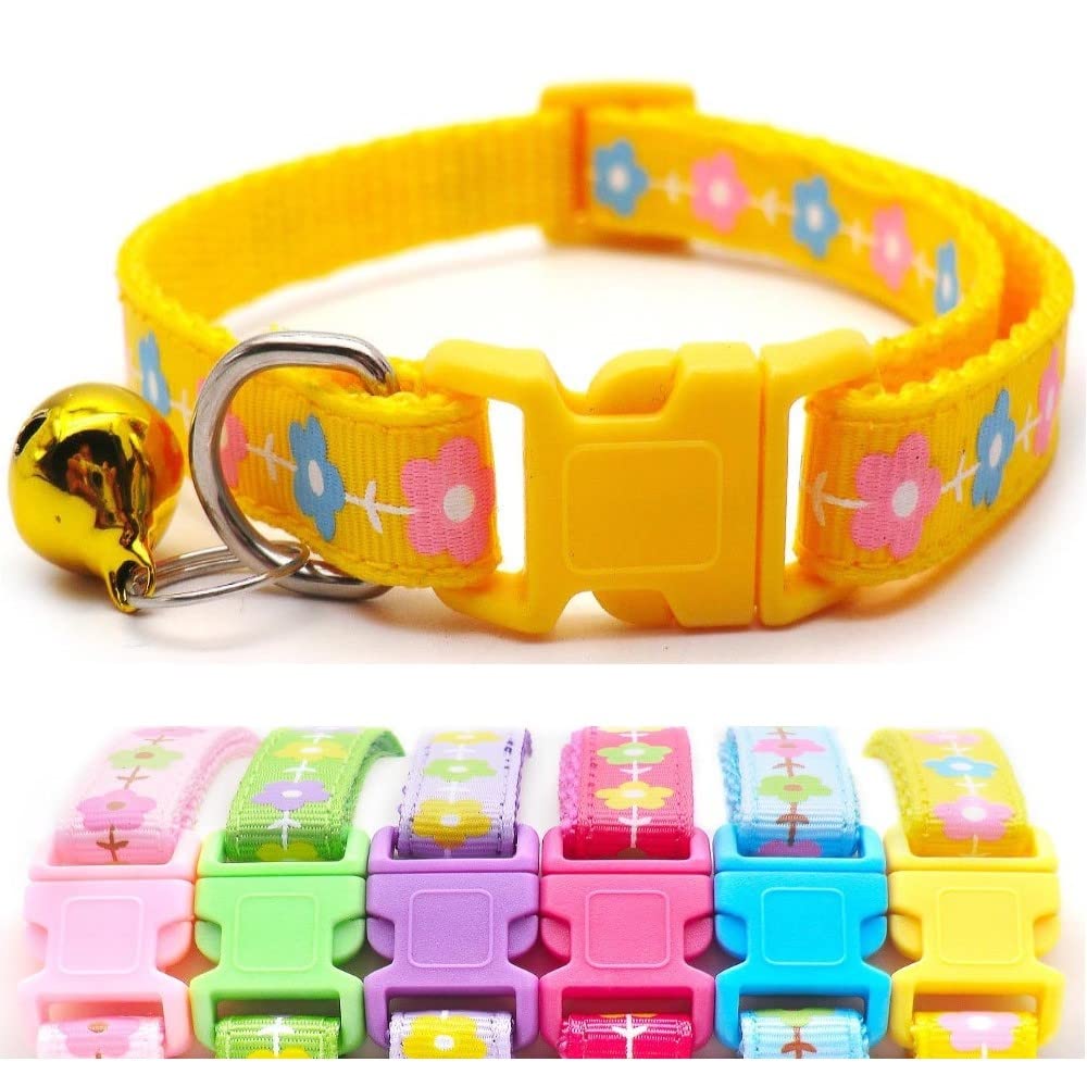 Small Dog Puppy Pet Collar Flower Floral Design with Bell Nylon Adjustable Size 19-32cm Yellow