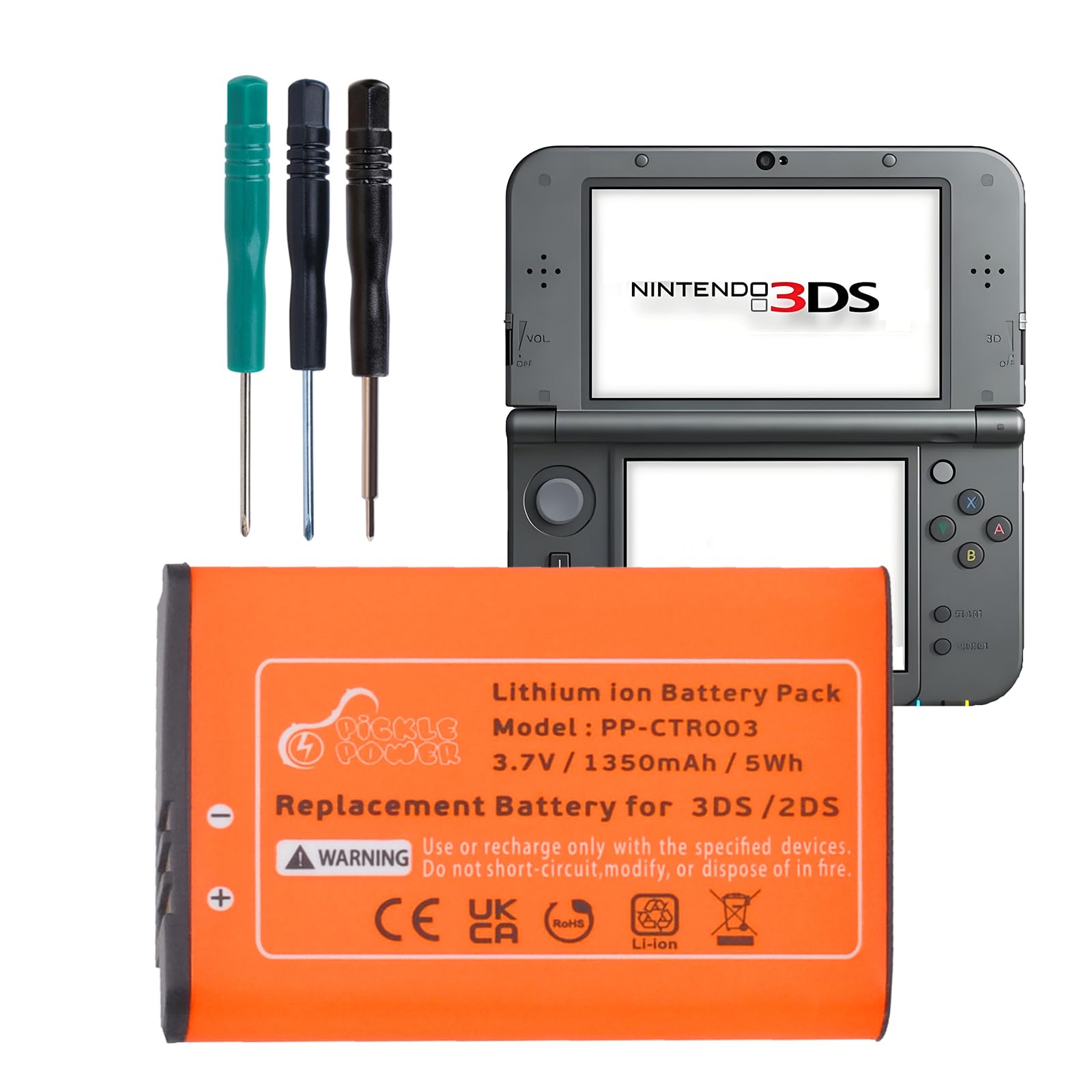 Pickle Power 3DS Battery, CTR-003 Battery for Nintendo Nintendo Old 3DS, 2DS, 2DS XL Game Console with Tool Kit (Not for New 3DS and 3DS XL)