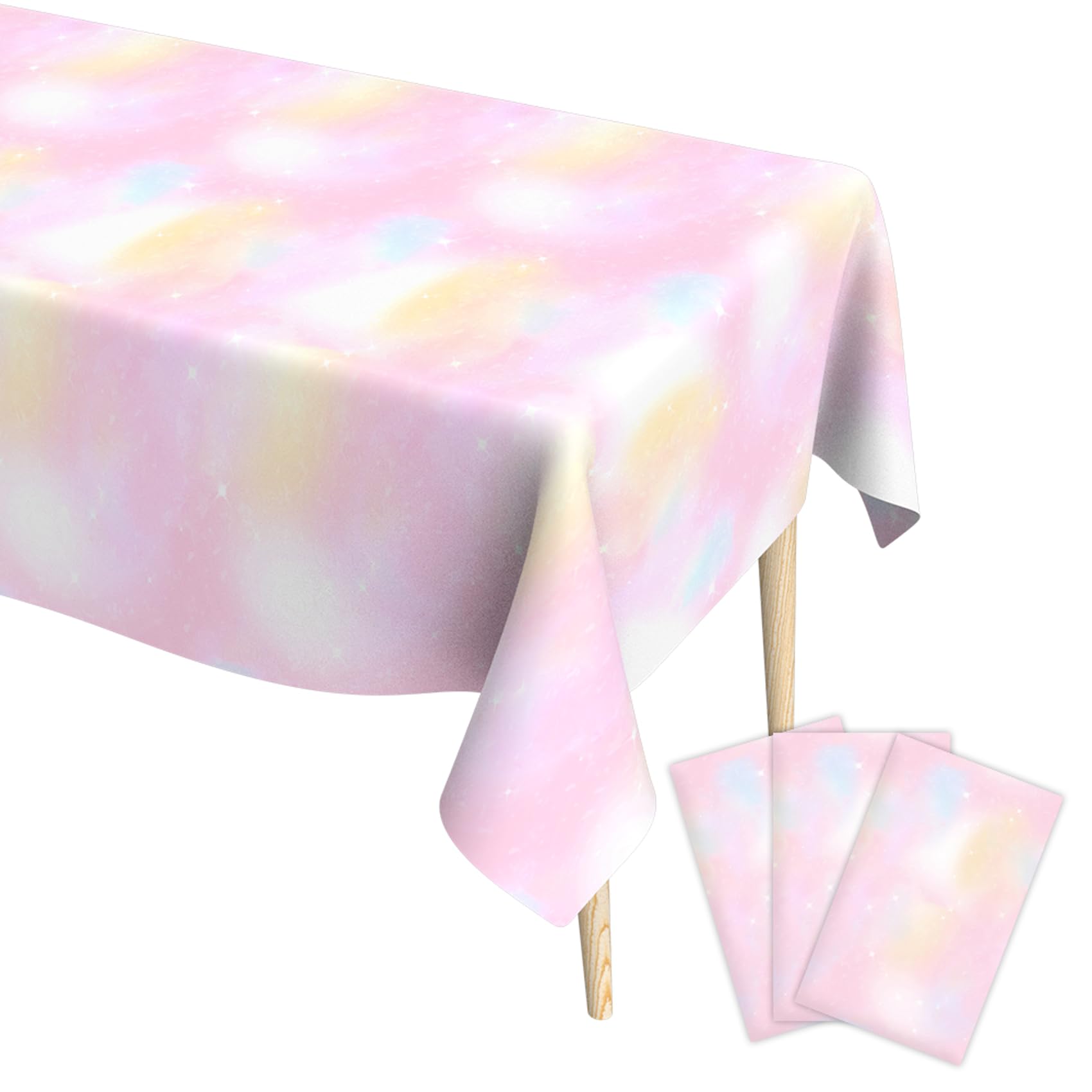 Photo 1 of 3 Pack Pastel Rainbow Plastic Tablecloth Party Decorations Birthday Party Supply Disposable Rectangle Pastel Table Cover for Baby Shower, Wedding, Bridal, Girl, Princess Party Supplies, 54x108Inch