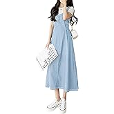 CHARTOU Women's Elegant Straps Back Smocked A-Line Long Skirt Denim Overall Pinafore Dress