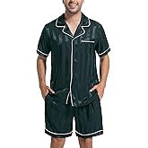 DEARCASE Men's Pajamas Set - Satin Silk Sleepwear, Short Sleeve Button Down 2 Piece Loungewear, Soft & Cooling Pjs for Men