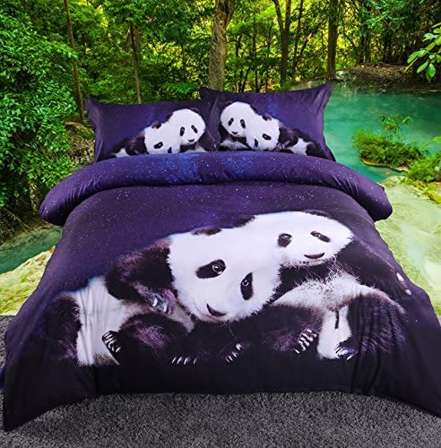 Ammybeddings 3D Panda Bedding 4 Piece Soft Duvet Cover Sets for Kids,Adorable Loving Panda Couple Leaning Together under Deep Blue Galaxy,Unique Cute Bedding Sets for Kids (Color 1, Full)