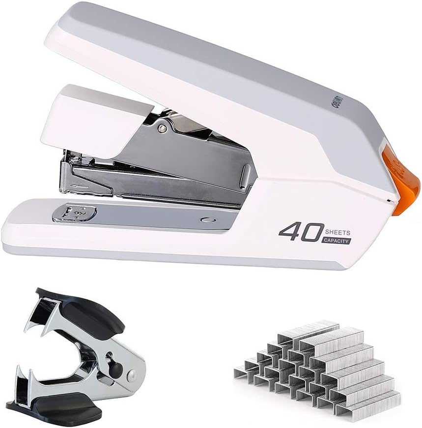 Deli Effortless Desktop Stapler, 40-50 Sheet Capacity, One Finger Touch Stapling, Easy to Load Ergonomic Heavy Duty Stapler, Includes 1500 Staples and Staple Remover : Office Products