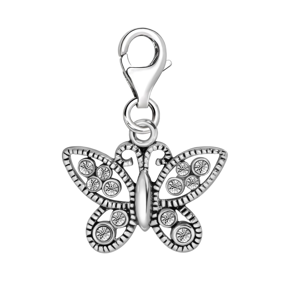 Quiges 925 Sterling Silver White Cubic Zirconia Butterfly Lobster Clasp Charm Clip on Pendant