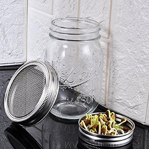 KOBWA Set of 4 Stainless Steel Sprouting Jar Lid Kit, Curved Mesh Jar