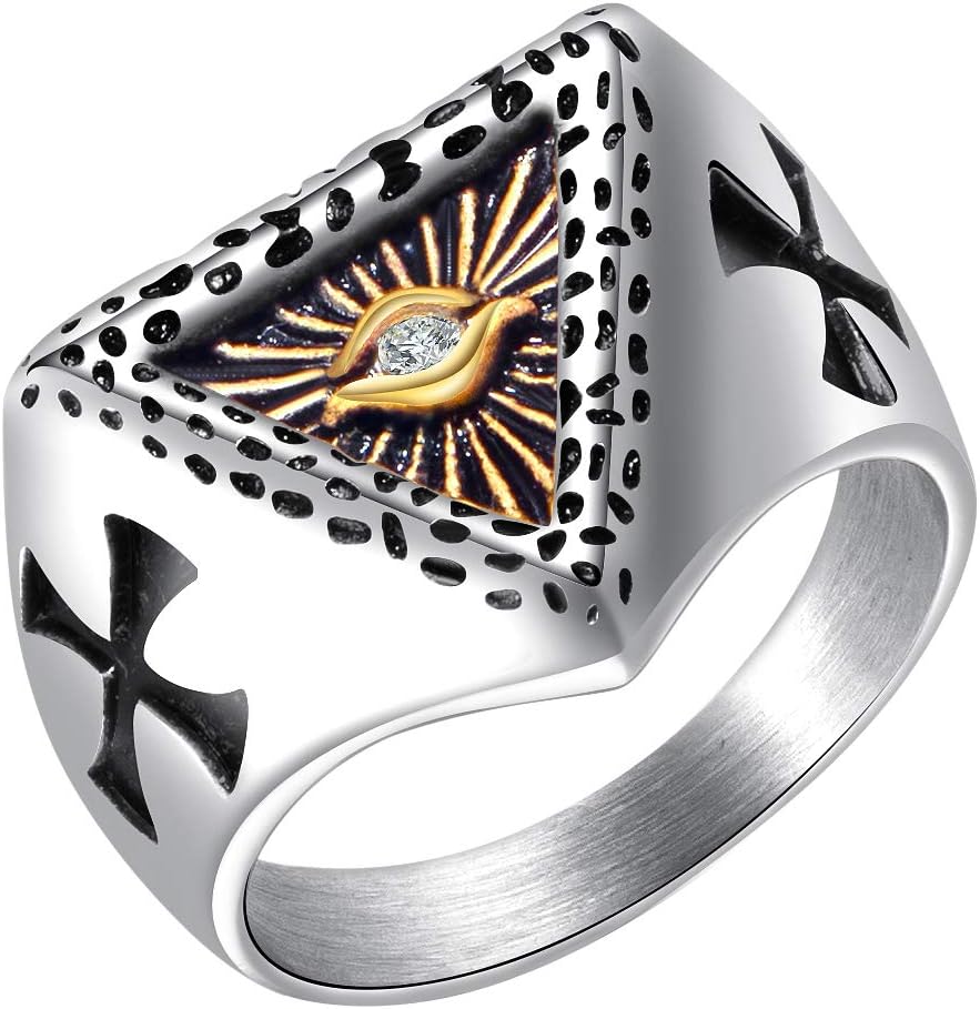 ALEXTINA Men's Stainless Steel All Seeing Eye of God Signet Ring with CZ Stone Double Carved Cross