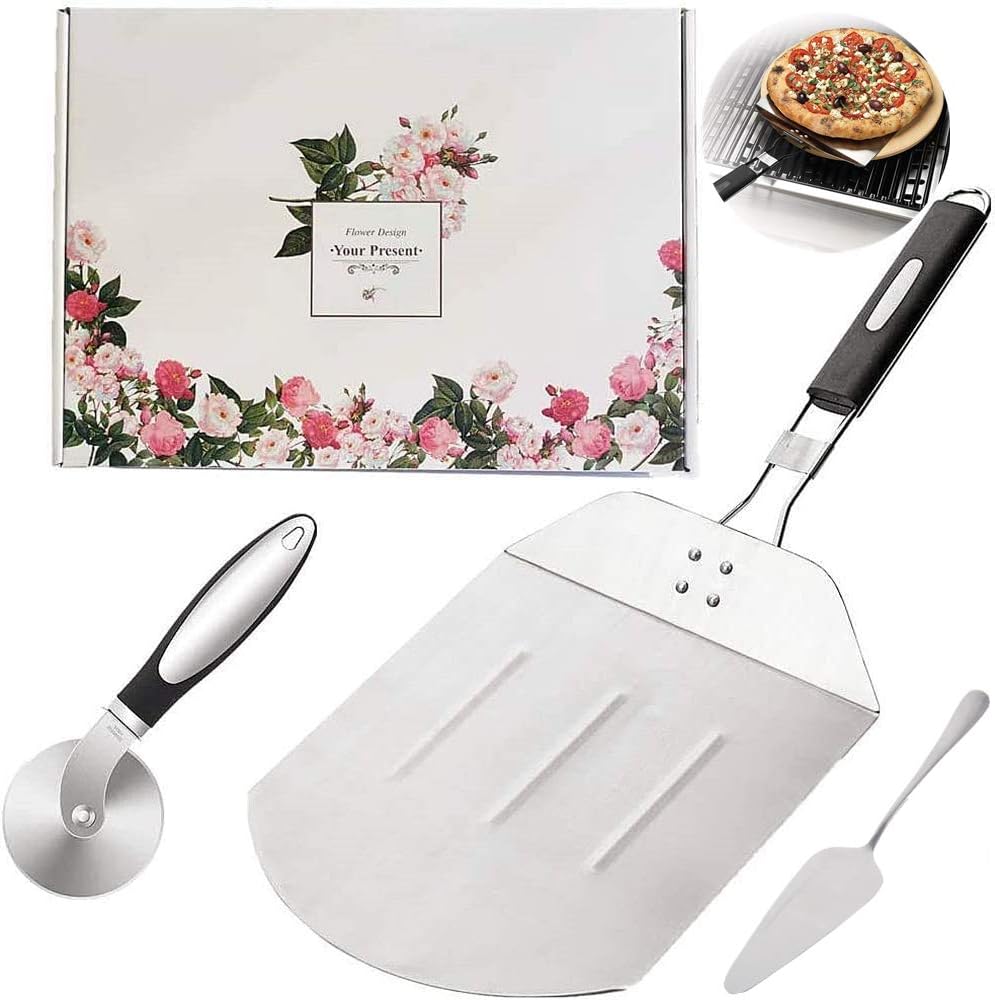 KOKITEA Stainless Steel Pizza Peel with Folding Heat Proof Handle, Stainless Steel Pizza Cutter Wheel with Anti-Slip Grip Handle, Gourmet Luxury Pizza Paddle Set for Baking Homemade Pizza and Bread