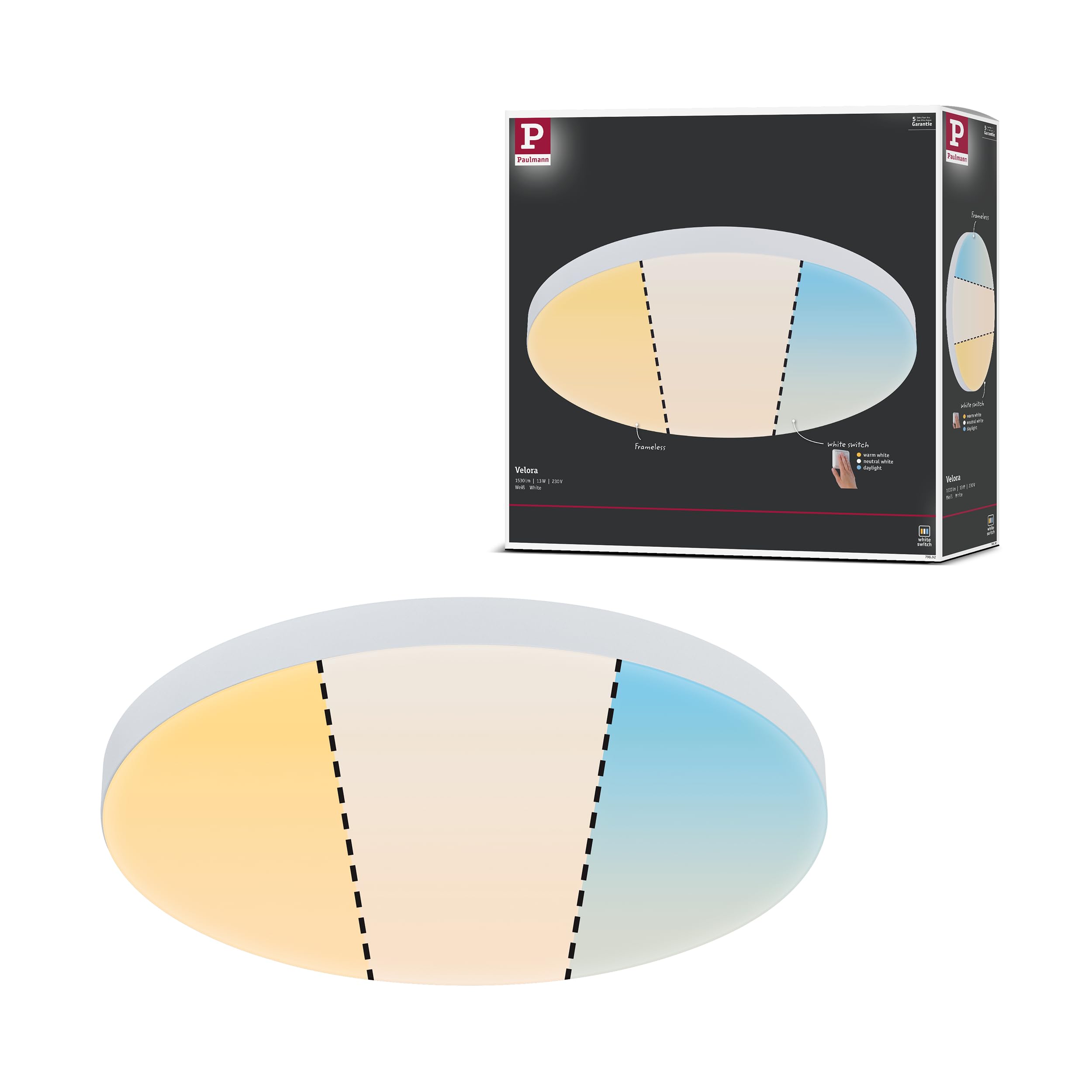 Paulmann 79892 LED panel Velora round 300mm 1530lm White Switch White round ceiling luminaire Metal 3000K