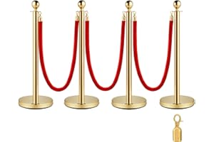 BESTEQUIP Vevor Velvet Ropes and Posts 4 Pcs, 3 Red Velvet Rope 5 ft, Stanchion Post with Ball Top, Crowd Control Barriers Gold Stanchions, Red Carpet Poles, Crowd Control Ropes and Poles for Party Supplies