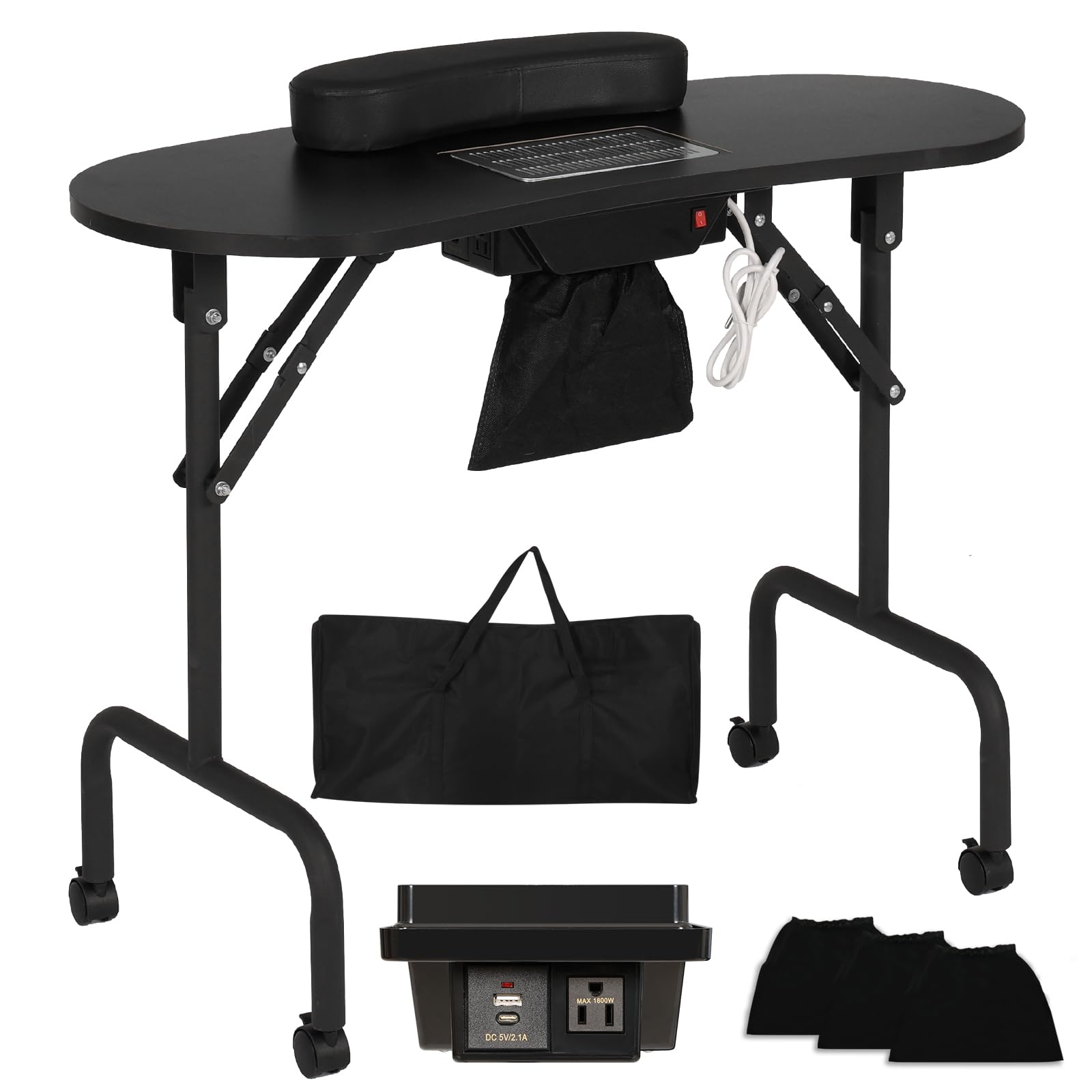 Photo 1 of ***DAMAGED - HAS HOLES - SEE PICTURES***
AGESISI Portable Manicure Table Nail Desk with Charging Station & Dust Collector, Foldable Nail Tech Table for Technician Spa Salon Workstation with Wrist Pad 4 Lockable Wheels, 36-inch, Black