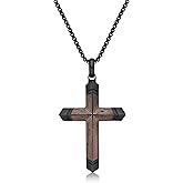 Metro Jewelry Carbon Fiber and Copper Foil Cross Pendant Necklace for Men in Stainless Steel with Black Ion Plating on 24 Inches Long Box Chain