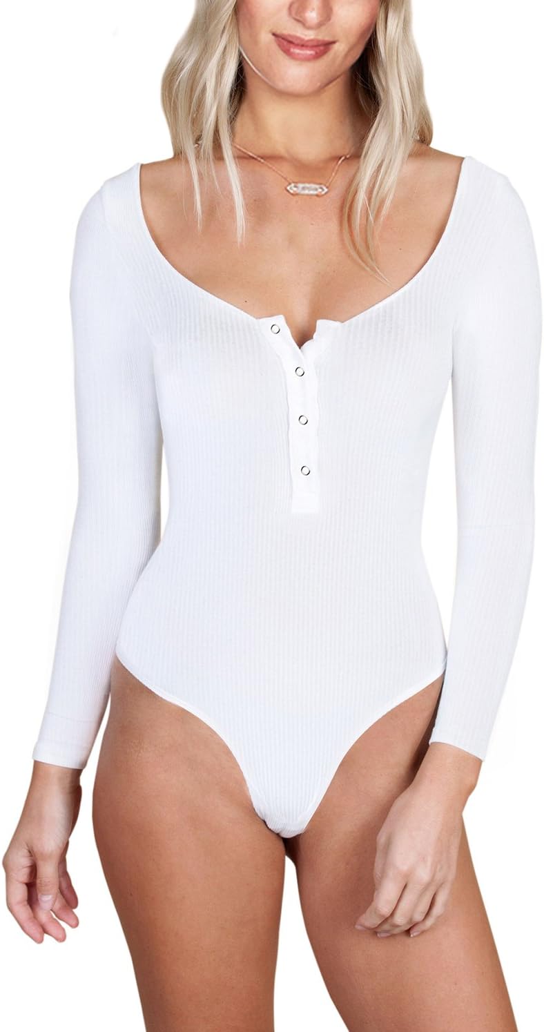 Queen.M Women's Basic Solid Bodysuit Single Breasted Long Sleeve Bodycon Jumpsuit Stretchy Romper Leotard Tops